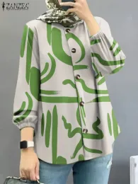 Kleidung Zanza Herbst Herbst Langarm bedrucktes Hemd Frauen Mode Muslim Abaya Bluse Vintage Turkey Abaya Hijab Tops Islamic Clothing 2023