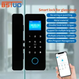 Kontroll haha ​​låsa app fingeravtryck lås Bluetooth smart glasdörr biometrisk elektronisk digital dörrlås IC 13.56MHz RFID Remote Unlock