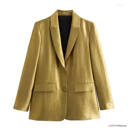 ジャケット Golden  Light green single-breasted jacket in wool Elegant Gold Blazer Jacket: Womens Long Sleeve Single