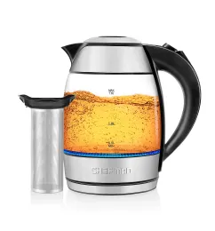 Kettles Chefman Fast Bolleing 1.8L Glace elettrico in vetro, infusore di tè rimovibile, chiusura automatica, luci a LED