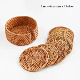 Table Mats 8cm Insulated Rattan Mat Round Cup Coasters Hand Woven Insulation Placemats Padding 6Pcs 1pc Holder