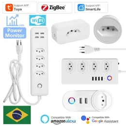 Fişler Brazil Tuya Akıllı Ev Zigbee WiFi Akıllı Fiş Soket Monitörü Ev Alet Outlet Power Strip Alexa Google için Ses Kontrolü