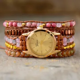 Strands Creative 5 Strand Fancy Pink Jasper Stones Crystal Quartz Watch Wrap Beaded Wristwatch Bracelet Women Sister Bohemia Jewelry