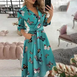 Lässige Kleider sexy v Hals drei Viertel Ärmeln Print Schnürpeak Midi Kleider Frauen Chic Elegant Party Vestidos Baratos con Envio gratis