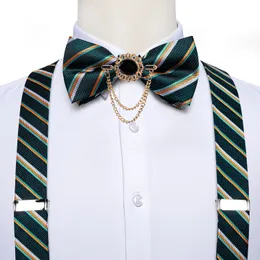 Green Striped Mens Suspenders 6 Clips Braces Luxury Silk Suspender Bow Tie Set Adjustable Straps Male Gift Accessories DiBanGu 240418