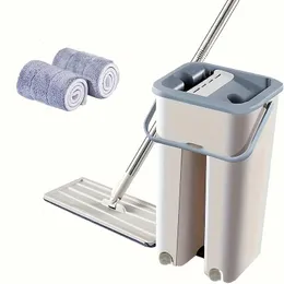 Flat Floor Mop Bucket Set With 2 Microfiber Pads Easy SelfWringing Cleaning Wet And Dry For Laminate 240408