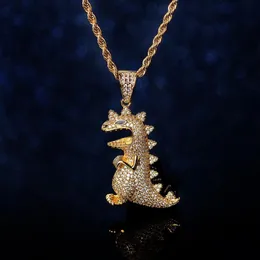 Naszyjniki wisiorek kreatywne kreskówki dinozaur mrożony z sześciennego naszyjnika z cyrkonu fajny biżuter