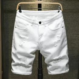 Jeans brancos shorts homens moda calça rasgada de joelho simples casual slim hole jeans shorts masculinos machos de rua 240420