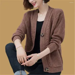 حياكة نسائية النساء الكورية AllMatch Slim Long Long Sweater V-Deace Sweater غير رسمية بالإضافة إلى قمم التمسك قميص عتيقة واحدة من كارديجان محبك واحد