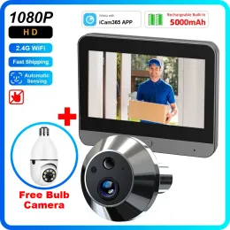 Kameralar ICAM365 Uygulama 2.4G WiFi Kapı Peephol 1080p Otomatik Algılama Kapısı Göz Kamerası ve Twoway Konuşma Onvif WiFi E27 Ampul Kamera