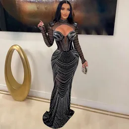 Leosd Sexy Spistly Soter Long Party Dress с стразами Женщины вырезают с длинным рукавом, вечерние платья для вечеринки. 240420