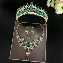 Kolyeler Barok Altın Renk Yeşil Kristal Gelin Takı Setleri Rhinestone Tiaras Taç Küpe Küpe Kolye Düğün Dubai Takı Seti