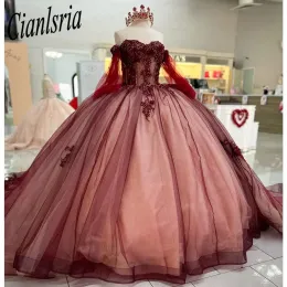 Abito da quinceanera da abbigliamento da ballo rosso vino principessa 2024 fiori 3d dolce 16 vestito vestidos abbigliamento da festa di compleanno appliques in pizzo