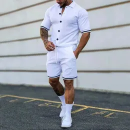 Summer Foreign Trade Mens Trend Solid Color Polo Collar Buckle Casual Short Sleeve Shorts Set Now 240422