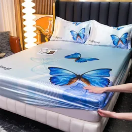 Ice Coolling Fitted Sheet Satin Bed Sheet for Double Bed Butterfly Printed Bed Cover Queen/King Bed Sheetpillowcase need order 240407