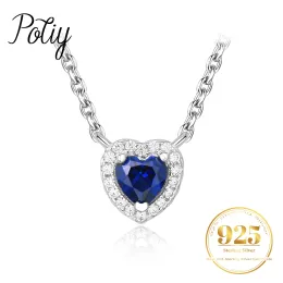 Halsband Potiy Heart Created Blue Sapphire 925 Sterling Silver Pendant Necklace For Woman Gemstone Fine Jewelry Fashion Gift 45cm