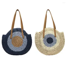 Bolsas de ombro 2pcs Bolsa de palha Centro de moda feminina redonda redonda de vime boêmio de tamanho grande de tamanho de praia com azul