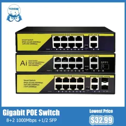 Routrar Terow 10 Port Poe Switch Gigabit Network Switch Poe VLAN med SFP 10/100/1000 Mbps för IP -kamera/trådlös AP/WIFI -router/CCTV