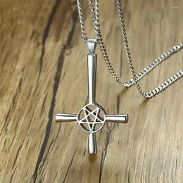 Pendant Necklaces Inverted Cross Pentagram Star Necklace For Men Stainless Steel Lucifer Satan Male Jewelry With 24 Inch