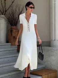 Casual Dresses Lzequella White Knit Maxi Dress for Women Short Sleeve Patchwork Elegant Party Lapel High midje Knitwear Women's