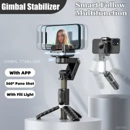 Gimbals 2023 Nuovo Bluetooth Wireless Stabilizer Gimbal Selfie Stick a 360 gradi Tracciamento a faccia intelligente Registrazione dal vivo con luce di riempimento