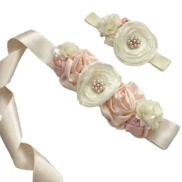 Belts 6sets /lot Flower Headband Maternite Satin Dress Sash Sets Vintage Pregnancy Belts Photo Props Rhinestone Girls Hair Accessories