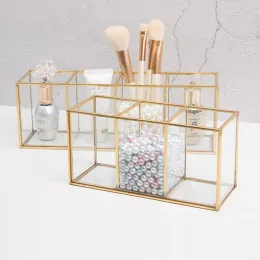 Organisation Transparent Glass Makeup Brush Storage Box Gold Cosmetics Container Ring Pencil Lipstick Holder Make Up Brushes Organizer