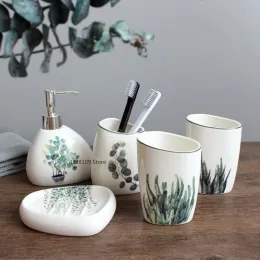 Heads European Green Plant Ceramic Bathroom Supplies Simple Fivepiece Wedding Wash Set Toothbrush Holder Lotion Bottle Melamine Tray