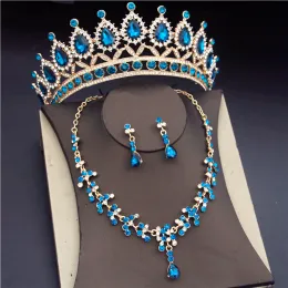 Colares de jóias de jóias de cristal azul de luxo para mulheres Brincos de Tiaras Brincos Defesa Defesa Colar Coroa de Coroa Conjunto de Noiva