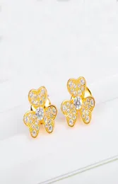 S925 Silver Three Leaves Flower Design Charm Stud Earring med alla diamanter i två färger pläterade för kvinnors engagemangsmycken Gift1950677