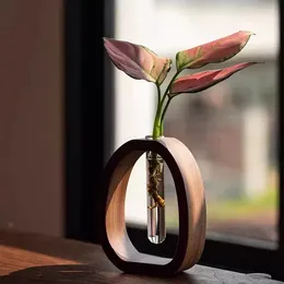 Vaser Creative Walnut Solid Wood Vase Flower Arrangement Home Decor Simple Glass Plant Mini Water Desktop