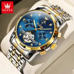 Комплекты Olevs Design Design Men's Watch Хронограф луны фазы. Фазовые наручные часы Водонепроницаемые из нержавеющей стали Автоматические механические часы Мужчины