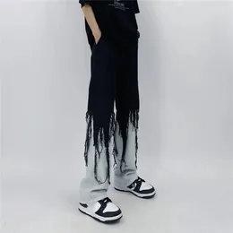 Мужские джинсы High Street Hip Hop Contrast Color Tassel Loose Fashion японская уличная одежда хиппи с распуты