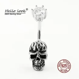 Jóias Hellook Skull Belly Ring 925 Sterling Silver Bungy Ring Ring Punk Gothic Skull Bar Navel Piercing Jóias