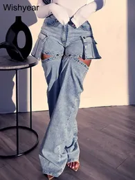 Women Fashion Designer Button Fly High Taille 3D Taschen Jeans lässige Hosenlehne Hose abnehmbar als Shorts Denim Cargo Hosen 240420