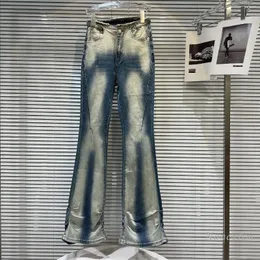Dżinsy damskie 2024 Summer postrzępiona talia biała gradient plisowane krawatowe suszone dżinsowe spodnie uliczne moda chuda flary