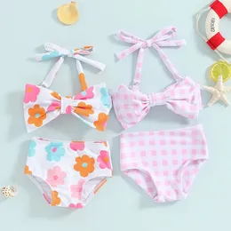 1-6y Little Girls Bikini Conjunta Flowerplaid Print sem mangas de biquíni Bow Bikini com shorts 2024 Summer Baby Swimsuit Kids Coela de praia 240422