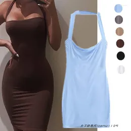 Sıradan elbiseler moda retro ins minimalist saf renk sıkı zayıflama kalça sarılı elbise zarif yular çift katmanlı sapan