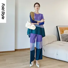 Vestidos de trabalho miyake plissout personalizada bloco de cor de temperamento 2024 Primavera e outono Moda feminina Fashionable Duas peças