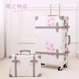 Sets heiß! Neue Frauen 2pcs/Set Vintag Pu Cherry Blossoms Rolling Gepäcksets, Männer 13 "20" 22 "24" 26 "Zoll Trolley -Koffer mit Handtasche