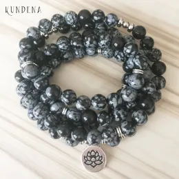 Strands Men clássico de lótus yoga buda encantos de floco de neve preto 8mm 108 Breads de oração Mala Bracelet