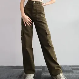 Kadın pantolonları düzgün bacak şekli şık kargo yüksek bel çok cepli düz pantolonlar için düz renkte