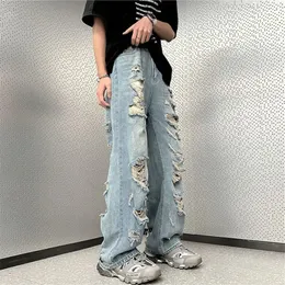 High Street Ripped Jeans Mens Clothing Solid Color Y2K Wide Leg Pants Spring Summer Button Pocket Loose Trousers A048 240420