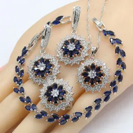 أساور الفضة ملونة المجوهرات مجموعات النساء الحجارة الزرقاء الداكنة الأزرق القلادة قلادة أقراط الخواتم هدية عيد ميلاد هدية
