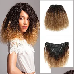 Klipp in/på hårförlängningar Curly Extension i Afro Kinky 3 Tone Ombre 1B/4/27 120G/PC Factory Pris Passe Drop Delivery Products DH6DT