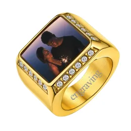 Pierścienie U7 Niestandardowe pierścienie fotograficzne dla mężczyzny i kobiety biały cyrkon 19 mm szerokość kwadratowy okrągłe kształt serca pamiątkowe plamy stalowe biżuteria