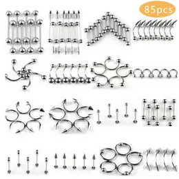 85Pcsset Men Women Tongue Eyebrow Lip Nose Navel Belly Rings Steel Nipple Body Piercing Jewelry 240409