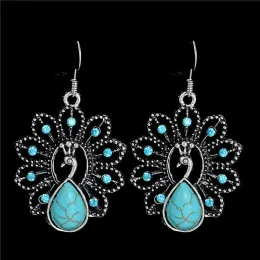 Ohrringe Vintage 100% 925 Silber Pfauenform Ohrringe für Frauen Böhmischer Schmuck Tibetaner Türkis Hangle Ohrringe Geschenk für Mädchen