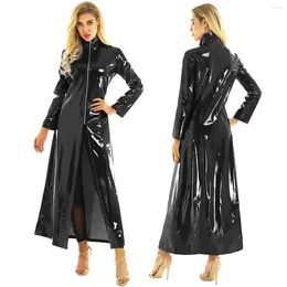 Frauen Trench Coats Frauen hoher Nacken PU -Kunstleder Langarm Zip Offener Schritt Feste Farbe Windbreaker Damen PVC Jacket Coatel Clubrin Closwear