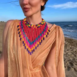 Halsband manilai multicolor träpärlor halsband uttalande strand smycken kvinnor trä pärla tofs krage choker bohemiska tillbehör 2023